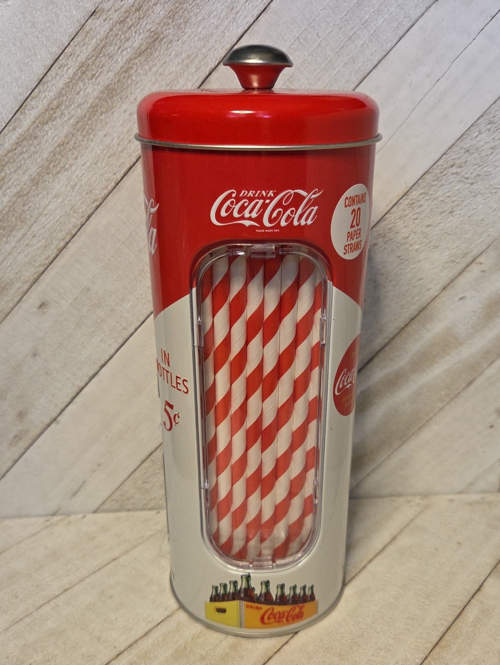 NEW Coke Coca-Cola Straw Dispenser Tin 20 Paper Straws Included